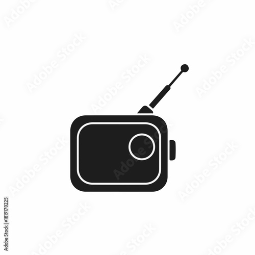 Simple radio illustration on plain white background, showing retro design with antenna. Radio device evokes old technology with round tuner and boxy shape.