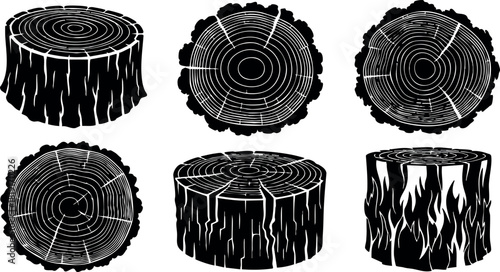 Tree trunk cross sections black silhouette set round wood log slices natural rings detailed texture vector illustration