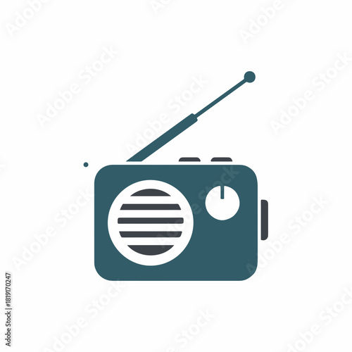 Teal analog radio for wireless networks and satellite communication. Vintage analog radio with antenna and knobs represents old technology.