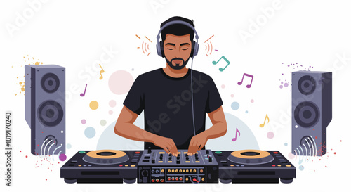 Focused Male DJ Mixing Music on Console with Headphones and Speakers - Dynamic Vector Illustration for Live Performance and Sound Production