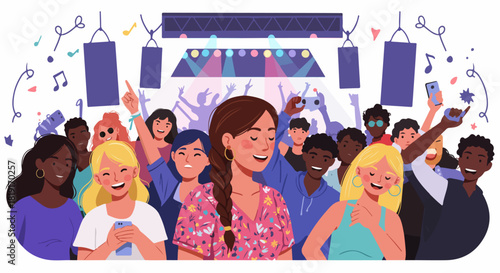 Diverse Group of Young People Enjoying a Lively Outdoor Music Concert or Festival, Cheering, Dancing, and Socializing Under Stage Lights.