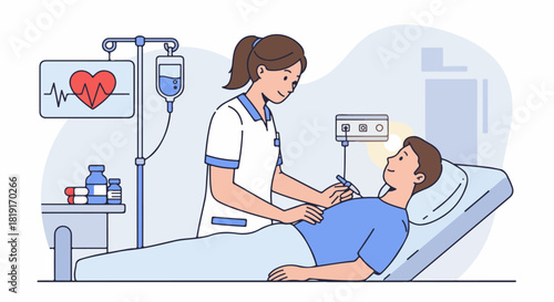 Nurse attending to a male patient in a hospital bed with IV drip and heart monitor, representing medical care and healthcare services.