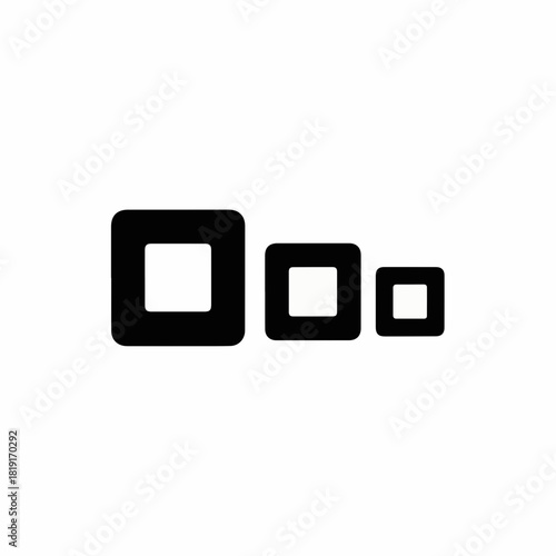 Squares in decreasing size aligned horizontally for modern design. Squares of different sizes suggest progression, hierarchy, or scale, symbolizing data flow.