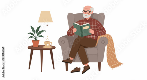 Senior man relaxing in an armchair, reading a book while enjoying a warm cup of tea at home. Cozy and comfortable retirement lifestyle illustration.
