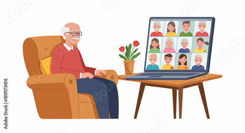 Senior man happily connecting with family and friends through a video call on his laptop, embracing digital communication and remote interaction.