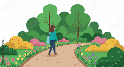 Woman walking in a vibrant park on a winding path with colorful flowers and lush trees, enjoying a peaceful outdoor stroll.