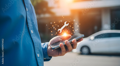 Man uses smartphone app for car maintenance and repair services featuring a wrench icon and a blurred vehicle in the background showcasing automotive technology and mobile solutions for vehicle care