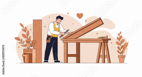 Craftsman meticulously shaping wood with tools, showcasing carpentry skills in a warm studio.