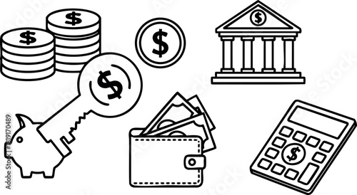 Finance icons set with piggy bank key coin wallet calculator and bank building vector illustration