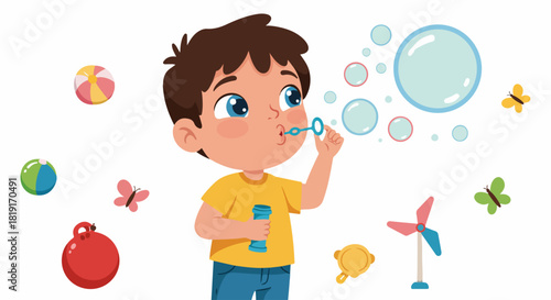 Happy cartoon boy blowing bubbles surrounded by colorful toys and butterflies, a joyful illustration of childhood play.