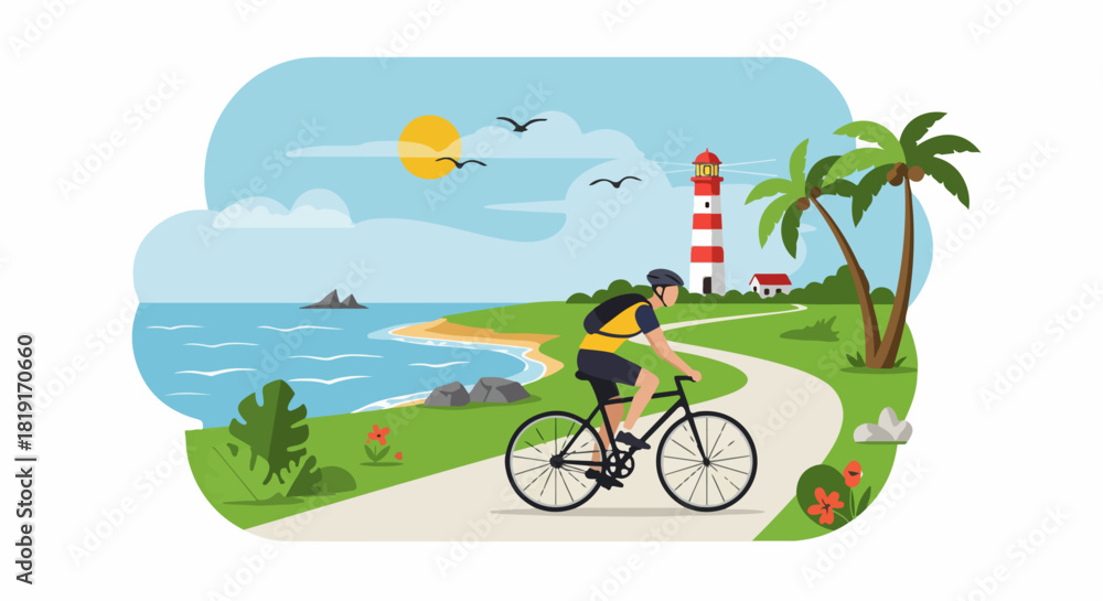 Fototapeta premium Man cycling on a scenic coastal path past a lighthouse and palm trees, enjoying a sunny day by the ocean with birds flying.