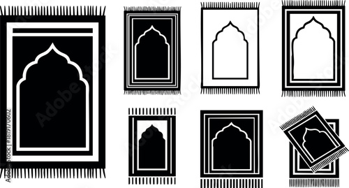 Black and white mosque prayer rugs with arch design vector illustration religious carpet patterns for islamic prayer mats