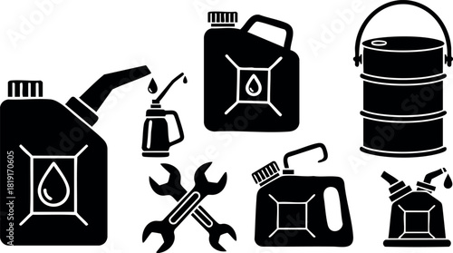 Black silhouette oil container and tools vector illustration set with gas can wrench and jerrycan