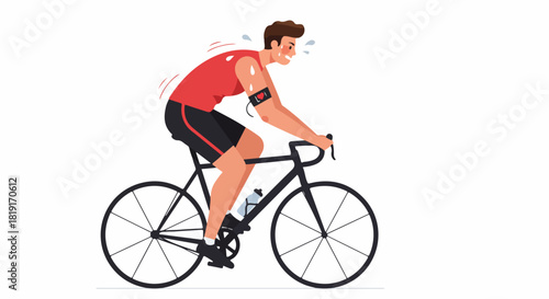 Determined male cyclist vigorously riding a road bike, sweating and showing effort, wearing an armband monitor for fitness and sport training.