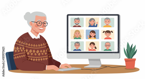 Happy senior woman on a video call, connecting with diverse family members of different generations using a computer for remote communication and digital interaction.