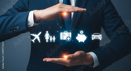 Insurance agent presenting travel family health savings and car protection plans with glowing icons symbolizing security and financial planning for a secure future and peace of mind