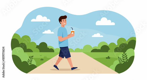 Happy Young Man Strolling in a Green Park, Enjoying a Refreshing Drink Outdoors. Leisurely Walk and Relaxation in Nature.