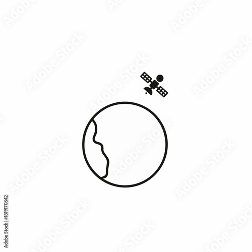 Satellite communication above globe, black outline showing orbital path of satellite. Satellite communication ensures global connectivity,