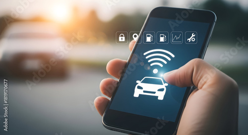 Person using a smartphone app for car connectivity showing icons for location fuel security and maintenance highlighting technology and convenience in modern vehicle management and automation