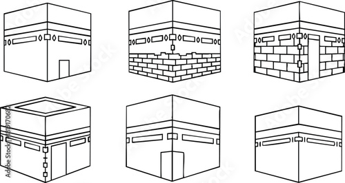 Kaaba black cube islamic holy shrine vector illustration six views detailed outline drawing