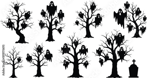 Scary haunted trees with flying ghosts and gravestone, spooky Halloween forest silhouette illustration for horror design and creepy decoration concept