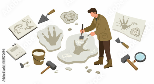 Paleontologist making a cast of a prehistoric footprint using archaeological tools, surrounded by fossil discoveries and research materials.