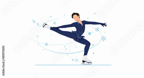 Graceful male figure skater in a dynamic pose on ice, surrounded by snowflakes and winter elements, a stylish vector illustration.