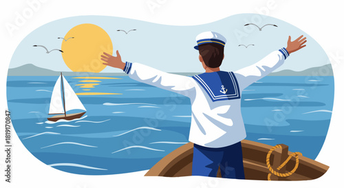 Sailor Embracing Freedom and Adventure on the Open Sea at Sunset, with a Sailboat and Soaring Seagulls in a Flat Vector Illustration