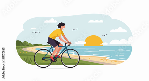 Person cycling along a scenic coastal path at sunset, enjoying an active outdoor lifestyle and the tranquil ocean view.