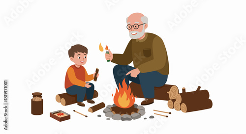 Happy Grandfather and Grandson Bonding Around a Cozy Campfire, Learning to Start a Fire in Nature.