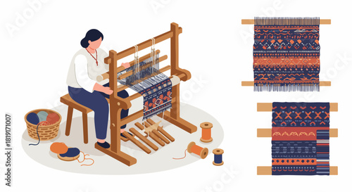 Woman weaving traditional patterned fabric on a loom, showcasing handmade textile craft with colorful threads and intricate designs and patterns.