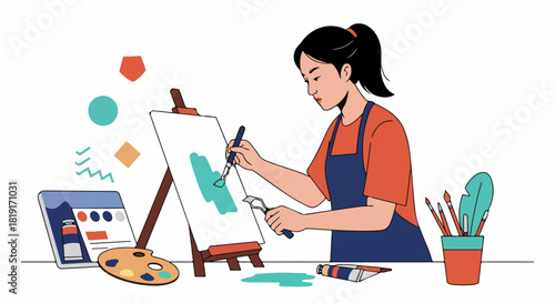 Young woman artist painting on canvas with an easel, palette, and brushes. A creative studio scene with digital design elements for art, hobbies, and creative processes.