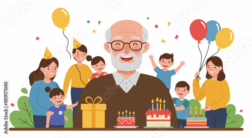 Grandfather's birthday celebration with a loving family, balloons, cakes, and gifts, showing happiness and togetherness.