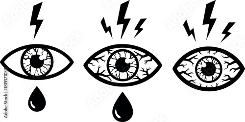 Three stylized eyes with tears and lightning bolts vector illustration in black and white design