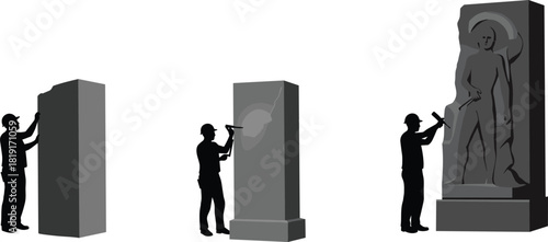 Sculptor carving stone statue, artistic craftsmanship process, stonemason creating human figure sculpture, traditional art and creativity, monument creation illustration