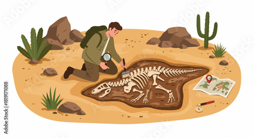 A paleontologist meticulously excavating a dinosaur skeleton in a desert landscape, using a brush and magnifying glass to uncover ancient fossils.