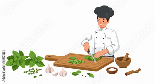 Smiling chef chopping fresh basil on a wooden cutting board, surrounded by garlic, thyme, salt, and a mortar and pestle, preparing a delicious meal.