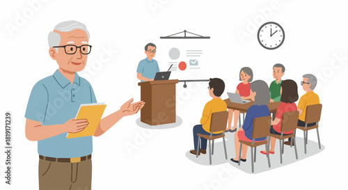 Elderly Man Leading a Business Presentation or Educational Seminar to an Engaged Group of Adults, Demonstrating Mentorship and Lifelong Learning in a Professional Setting