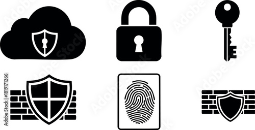 Cybersecurity icons set with cloud shield lock fingerprint and key vector illustration