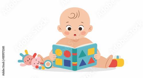 A curious baby sits absorbed in a colorful book filled with geometric shapes, surrounded by playful toys, highlighting early childhood learning and development.