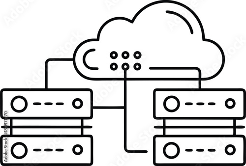 Cloud computing and server rack icon outline connected to data storage