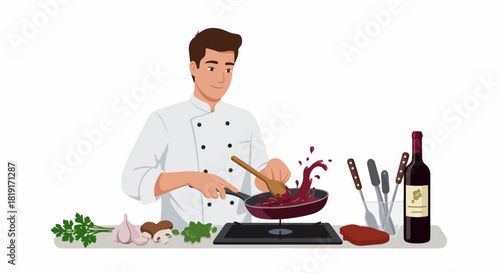 Male chef in uniform stirring a vibrant red sauce in a pan with fresh ingredients like garlic, mushrooms, and a wine bottle on the counter, showcasing gourmet cooking.