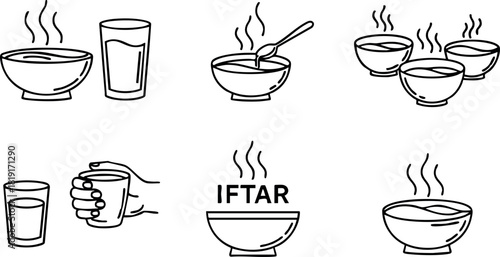 Steaming bowls with glass of water and hands holding cup for iftar meal vector illustration simple line art style