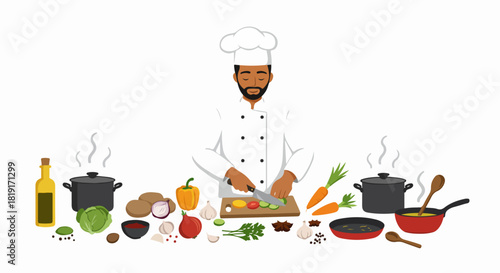 Illustration of a diligent chef expertly chopping vegetables, surrounded by an array of fresh ingredients, spices, and cooking pots, preparing a wholesome meal.
