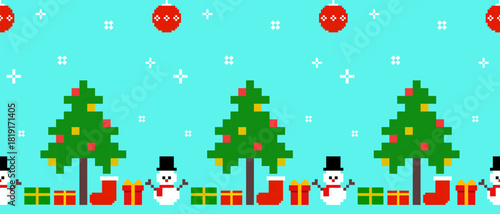 Pixel Christmas pattern featuring Christmas trees, snowmen, gifts, stockings, ornaments, falling snow on a bright turquoise background. Ideal for holiday decorations, festive prints, wrapping papers