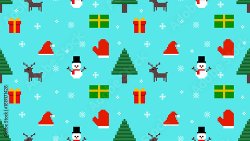 Christmas pixel art pattern featuring snowmen, reindeer, Christmas trees, gift boxes, snowflakes, Santa hats, and mittens on a bright blue background. Ideal for festive designs, wrapping paper