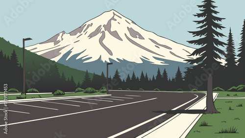 Scenic view of a parking lot with mountain backdrop and evergreen trees on a clear day landscape