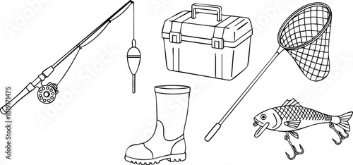 Fishing gear tools rod reel float fishing box boots net fish vector illustration