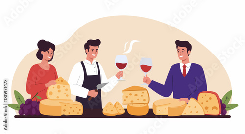 Friends Enjoying a Delightful Cheese and Wine Tasting Event with a Sommelier, Featuring Various Gourmet Cheeses and Fine Red Wine.