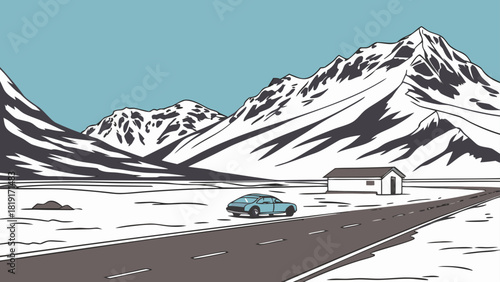 A scenic view of a car on a road with snow covered mountains and a small house in the background landscape